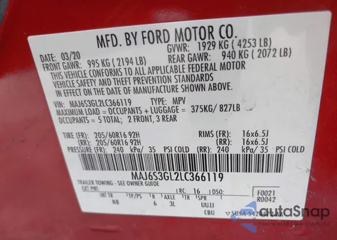 2020 Ford Ecosport Se из США, поврежденный, VIN MAJ6S3GL2LC366119